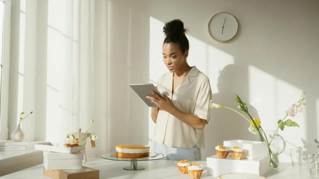 Perempuan menggunakan tablet di dapur modern dikelilingi kue, ilustrasi bisnis makanan online